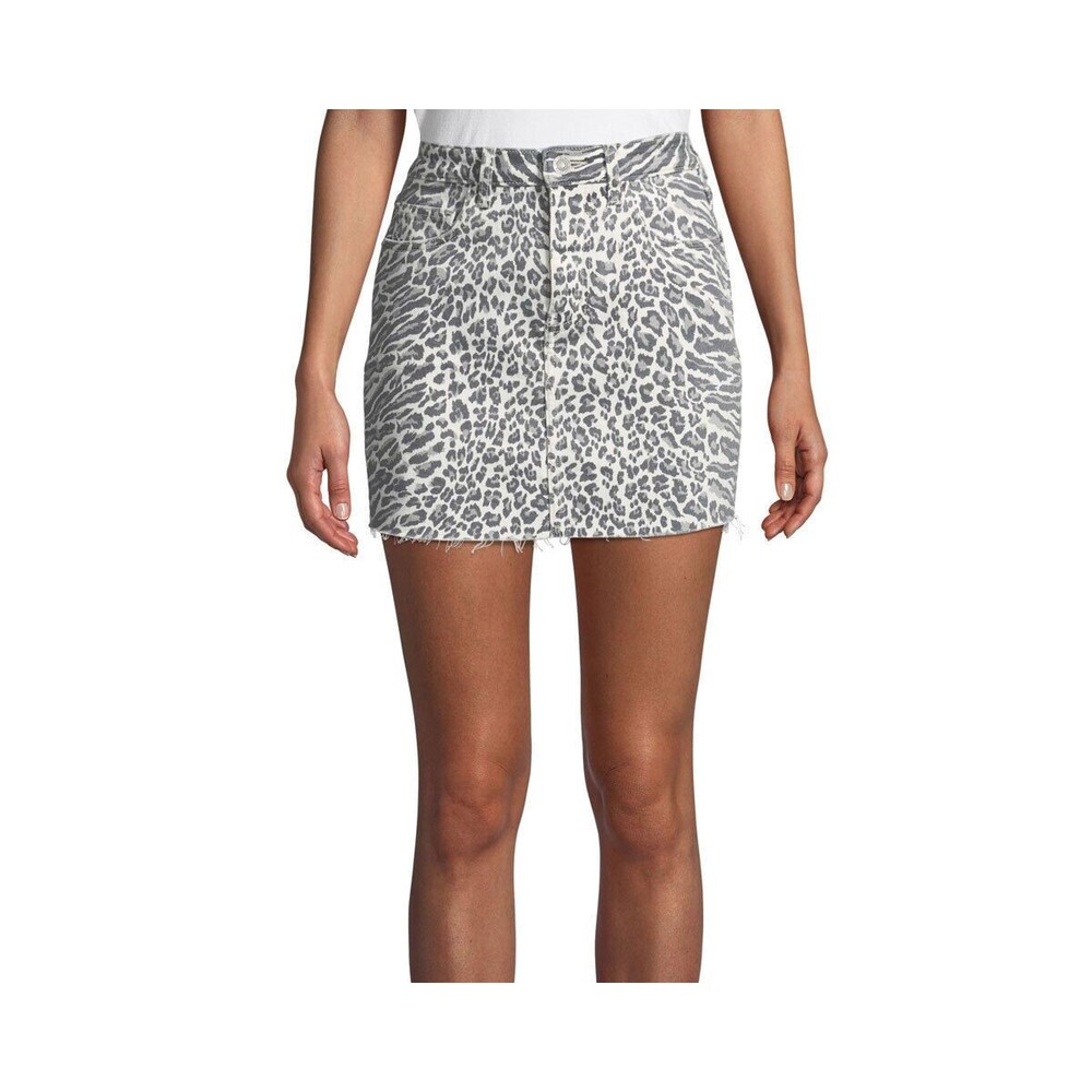 Current Elliott Womens 5-Pocket Leopard-Print Denim Mini Skirt Frayed Size 26